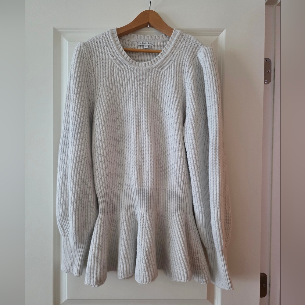 Ophelia Roe Knit Flar Waist Baloon Sleeve Sweater Wmens 1x Off White Gray Preppy